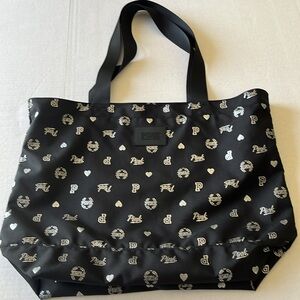 Victoria’s Secret PINK Black Tote Bag Silver Print Fabric Canvas Large EUC